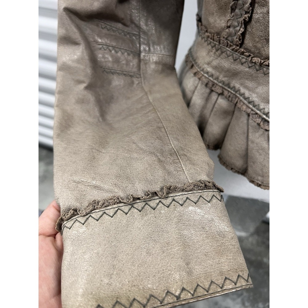 Vintage Y2K Moda International Grey Brown Genuine Leather Ruffle Jacket - Picture 14 of 16